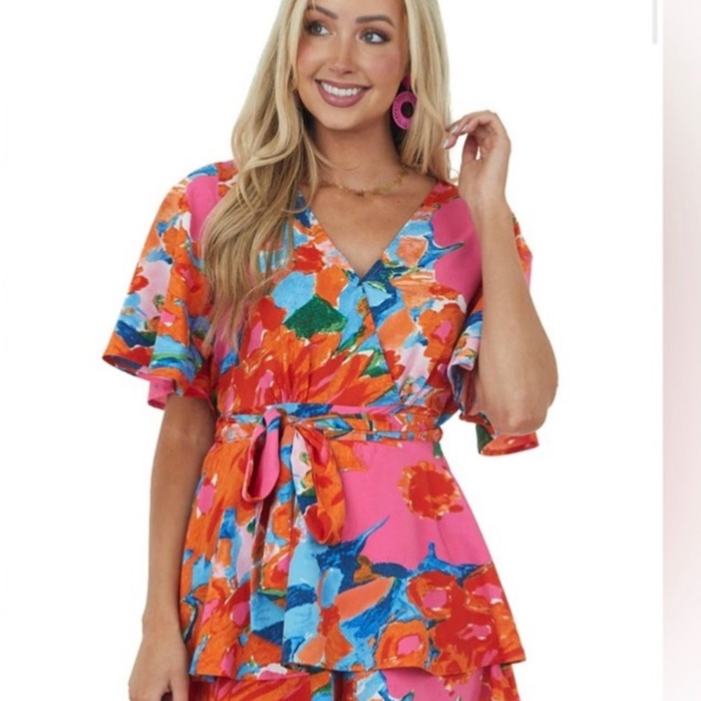 Colorful Orange, Pink & Red Short Romper with front Tie M